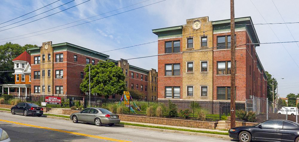 View from across the street of Historic Dorchester apartments in Indianapolis.